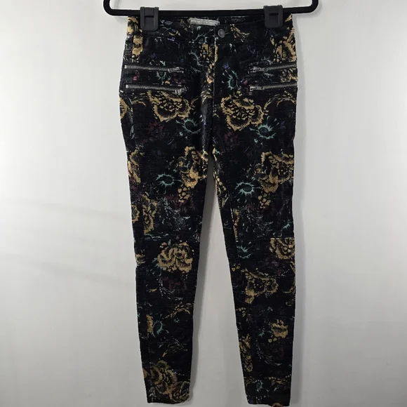 Free People Lennon Funktown Velvet Moto Zip Floral Printed Skinny Pants Size 0 - Picture 3 of 14
